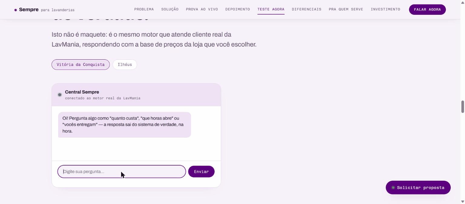 Captura real de uma conversa no motor da LavMania, perguntando sobre entrega e recebendo a resposta certa na hora